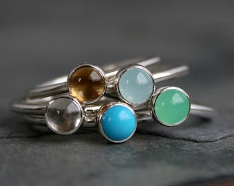 Gemstone Birthstone Stacking Rings Sterling Silver Custom Personalized 5mm Stackable Birth Stone Set May Ring Customized Mothers Day Ring