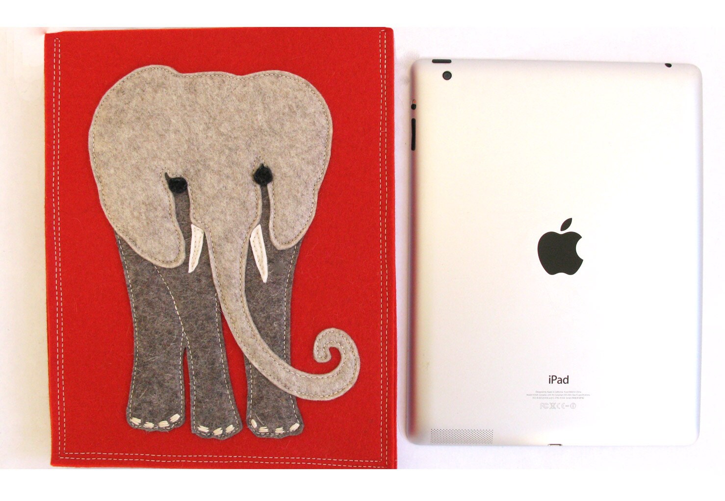 Elephant iPad or Tablet Sleeve in Grey and OrangeRed Wool