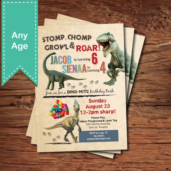 Dinosaur sibling birthday invitation. Boy kids birthday