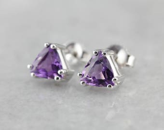 Amethyst Trillion White Gold Stud Earrings, February Birthstone CW0DHR-N