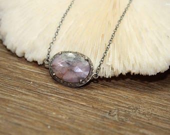 Pink Sapphire Pave Diamond Necklace, Oxidized Sterling Silver, Genuine Diamonds Pendant, September Birthstone