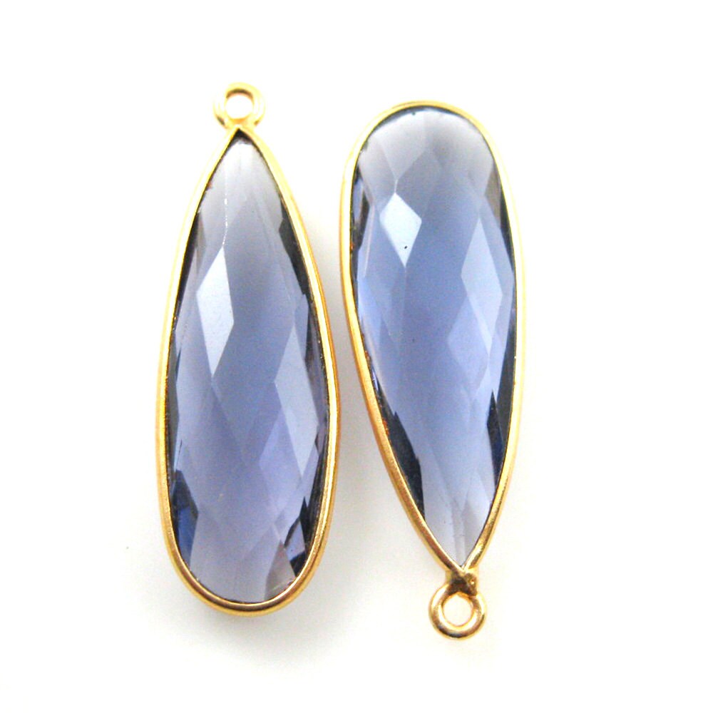 Bezel Gemstone Iolite Quartz-Elongated Teardrop Charm-Gold