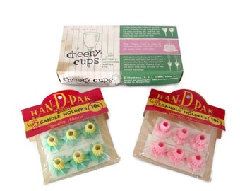 Vintage Candle Holders, 1960's Birthday Candle Holders, Han D Pak, Cheery Cups, Vintage Cake Decorations, Mid Century Decor