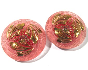 27mm Czech Buttons TWO (2) Hand Painted Foliage VINTAGE Czech Glass Button Pink Gold Luster Czech Glass Wedding Jewelry Supplies (T202)