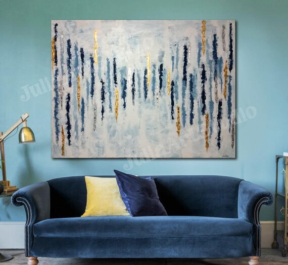 Large abstract canvas Navy painting Gold & silver leaf