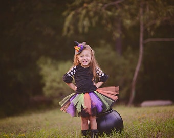 Witch tutu and mini hat headband. Black, orange, purple and lime green