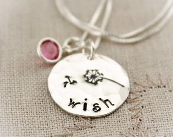 Make a WISH Necklace with Birthstone and Dandelion Sterling Silver Personalized Hand Stamped Jewelry
