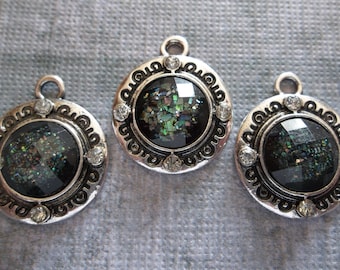 Black Sparkle & Silver Charms or Pendants with Rhinestone Accents - Qty 3