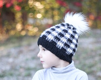 Checkered Pom Pom Beanie/ Black beanie/ Pom Pom Beanie/ Checkered hat/ Boys winter hat/ Girls winter hat/ Boys hat/ Crocheted hat/
