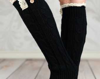 Black Braided Leg Warmers With Lace Rim