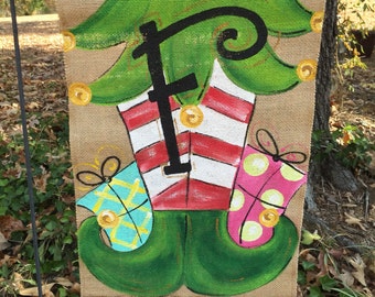 Handpainted Burlap Garden Flag ...Christmas Elf Garden Flag