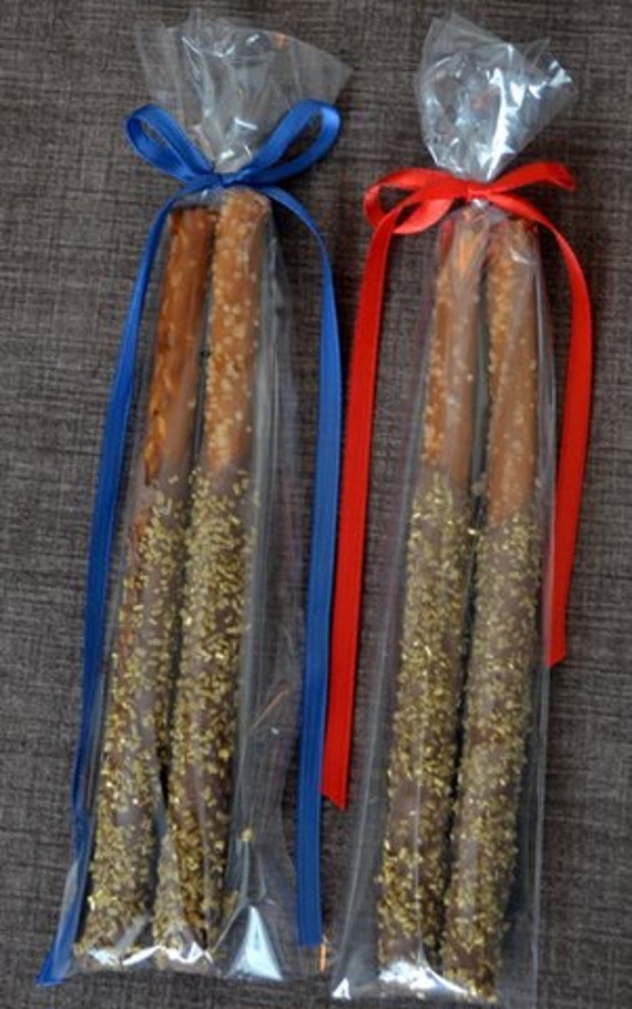 Chocolate Covered Pretzel Rods with gold glitter