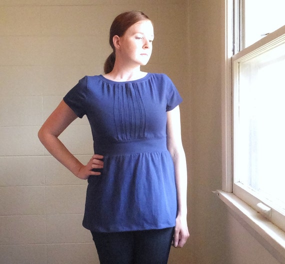 Womens Pleated Front Shirt Empire Waist Blouse Short Sleeves