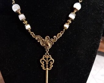 17 1/2" Skeleton Key pendant necklace with White Cat Eye beads