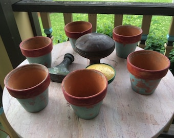 Set Of Six, Vintage, Clay, Painted, Flower Pots, Approx 3" Set Of Six, Many More Available