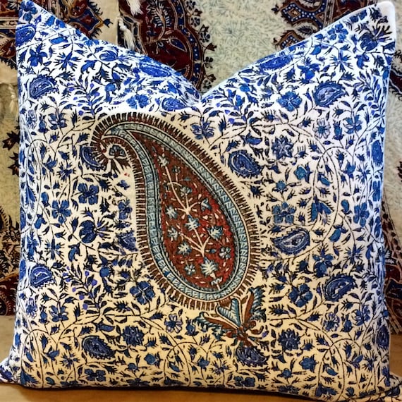 Decorative blue paisley pillow, quality handprinted Cushion, Cotton and linen pillow, gift idea, blue pillows, skye blue tapestry pillow