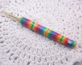 Extra Large Ergonomic Handled Watercolor RainbowPolymer Clay Covered Crochet Hook Boye H