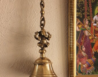 Temple Bell With Lord Ganesha On A Chain, 56 cm Length, Brass Bell, Temple Bell, Religious Decor, Handcrafted Elephant Bell