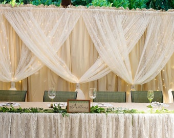 Wedding backdrop curtain, made from ivory lace and tea dyed muslin