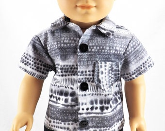 18" American Doll Girl Boy Clothes Grey Button Up Tee Shirt with Black Denim Shorts