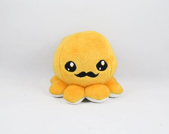Yellow Gentleman Octopus Plush, Octopus Toy, Embroidered Mustache Octopus, Stuffed Animal,  Minky Fabric