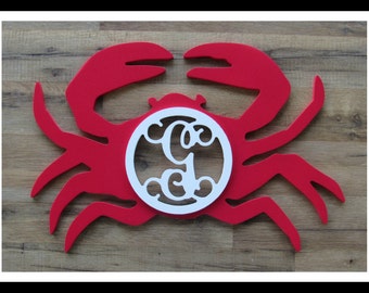 Crab Door Hanger with Letter - Painted Wood - 22" size - Kitchen or Dining Room Decor - Wood Letter - Wall Hanging - Monogram