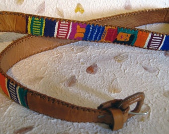 Guatemala Woven Leather Belt Multi Color Belt Indian Tribal southwestern Belt
