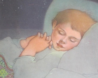 Vintage Illustration, Sleeping Boy, Marjorie Torrey Art, 1940s Color Illustration, Boy with Quilt, 1946 Sing in Praise, Caldecott Honor Book