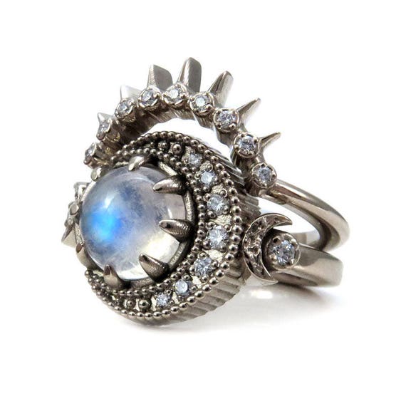 Rainbow Moonstone Moon Phase Engagement Ring Set - Diamond Crescent - 14k Yellow, Rose or Palladium White Gold