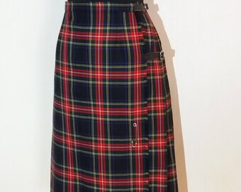 Scottish Tartan Plaid Authentic Hot Red Wool Wrap Skirt Size Medium to Small