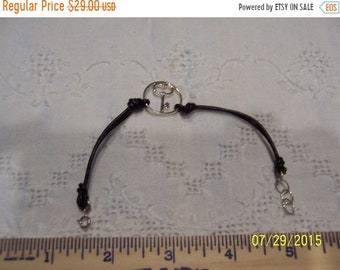 SUMMER SALE 20% OFF, Vintage Key Bracelet with leather cord. Sterling silver.