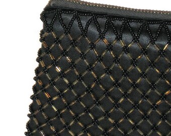 40s Black Clutch Black Fabric Clutch Beaded Purse Black Evening Wallet 1940s Small Black Clutch Beaded Evening Bag Black Evening Bag