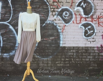 Vintage Ivory And Taupe Lace Bibbed Dress (Size Small/Medium)