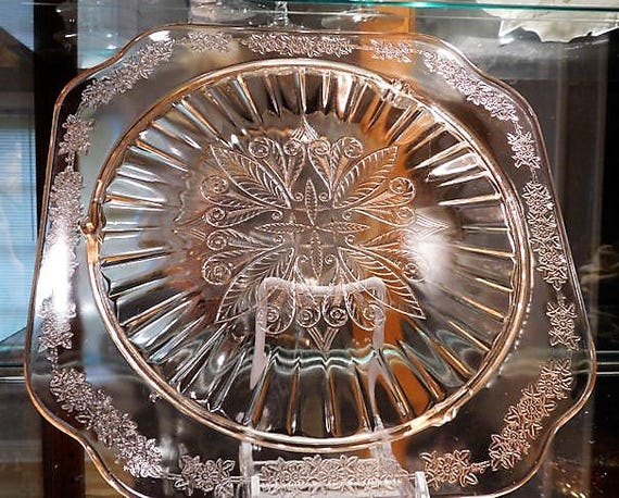 Pink Depression Glass / Cake Plate / ADAM Pattern / 1930s Art Deco Cake Plate