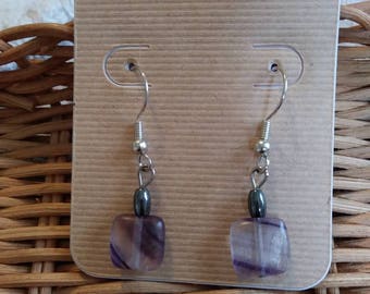 Flourite and Hemetite Natural Stone Earrings (Nickel Free Hooks)