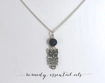 Lava Bead Diffuser Necklace; Owl & Lava Stone Necklace; Essential Oil Diffuser Necklace; Owl Charm