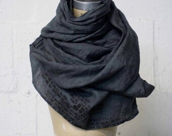 gray linen printed hand dyed scarf