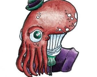 Gentleman Octopus 5x5 Watercolor Giclee Print