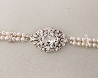 Wedding Bracelet, Bridal Bracelet, Pearl Bracelet, Swarovski Pearls, Rhinestone Bracelet, Crystal Bracelet, Vintage Style - MARLENA
