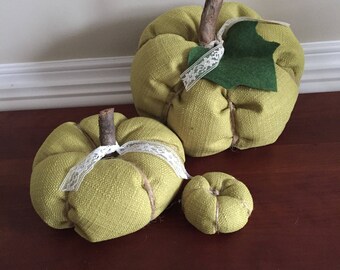 Fabric pumpkin, farmhouse pumpkin, green pumpkin, fall decor, farmhouse decor, Halloween decor, Thanksgiving decor