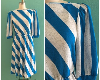 vintage 70's 80's blue gray striped dress