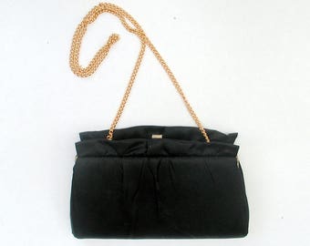 Vintage 1960s Black Satin Clutch Little Black Evening Bag Formal Handbag With Hide Away Chain Strap
