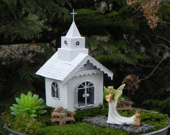 Miniature Wedding Chapel, Fairy Bride bunnies, furniture bench, pathway, bunny rabbits bunnies, mini accessories, miniature bunnies rabbits