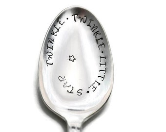 Stamped Spoon Twinkle, Twinkle Little Star Nursery Rhyme Decor Hand Stamped Vintage Silverware Baby Shower Gifts Under 15