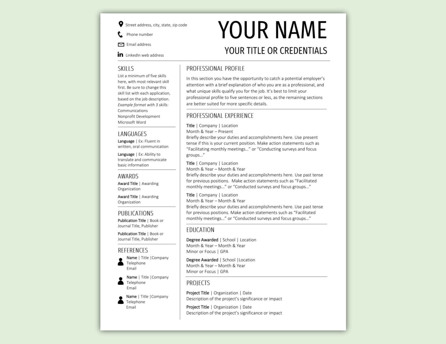 resume template cv template instant download microsoft word