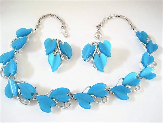 Aqua Lucite Necklace Set, Unsigned Hearts, Blue Lucite, Mid Century Choker Earrings