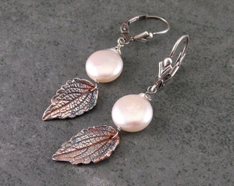 Silver mint leaf earrings with white coin pearls, handmade recycled fine silver earrings-OOAK