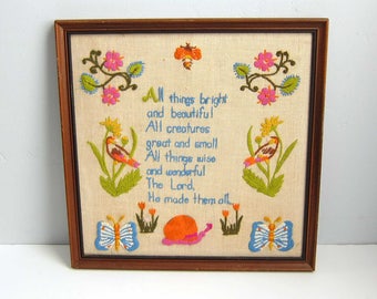 Vintage Framed All Things Bright And Beautiful Crewel Embroidery Flowers Birds and Bee Framed Wall Art