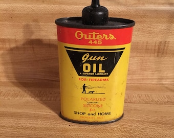 Vintage Outers 445 Gun Oil Lubricant metal can, industrial, retro, man cave, rustic, farmhouse, tin can, collectible gun oil