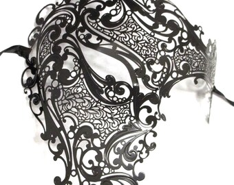 Mens Phantom Masquerade Mardi Gras Metal Filigree Mask in Black with or without Crystals